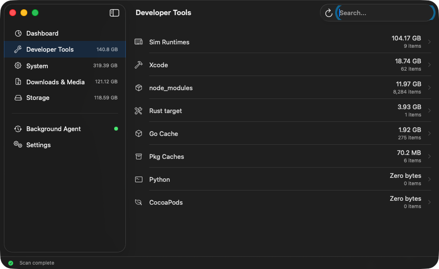 FreeMyMac Developer Tools category showing Sim Runtimes, Xcode, node_modules, and more
